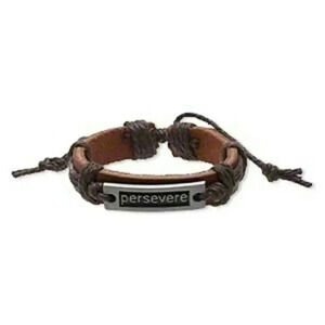 Handmade Brown Perservere Affirmation Leather Silver Pewter Adjustable Bracelet